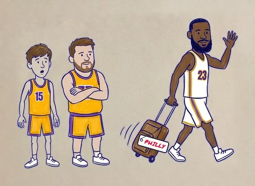 LeBron James walking away in a white Lakers 23, pulling a suitcase tagged PHILLY, while Luka Doncic and Austin Reaves watch