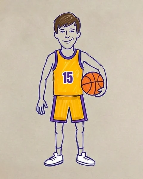 A notebook drawing of Austin Reaves standing with a basketball in the Lakers gold, number 15