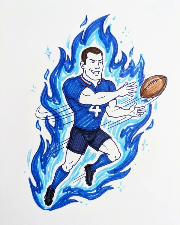 A notebook drawing of Bradman Best in the Knights blue, number 4, throwing a pass inside a blue aura