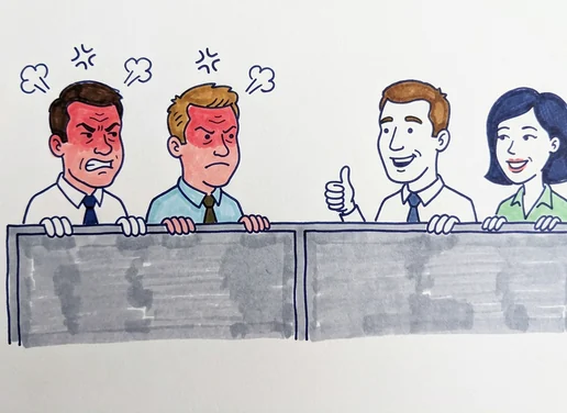 Four office workers over a cubicle wall: two fuming, two smiling with a thumbs up