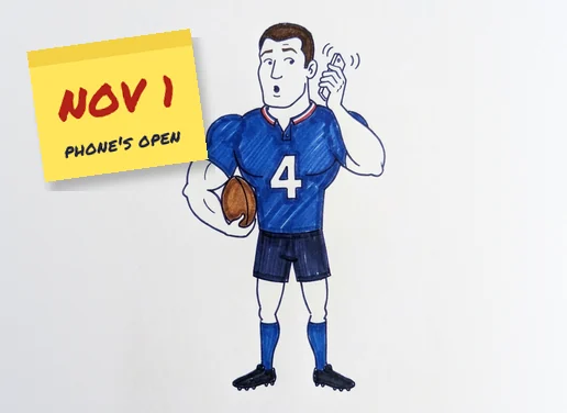 Bradman Best on the phone, surprised, with a yellow sticky note reading NOV 1, phone's open