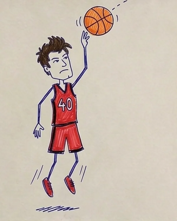 A notebook drawing of Elijah Pepper rising for a jump shot in the Perth red, number 40