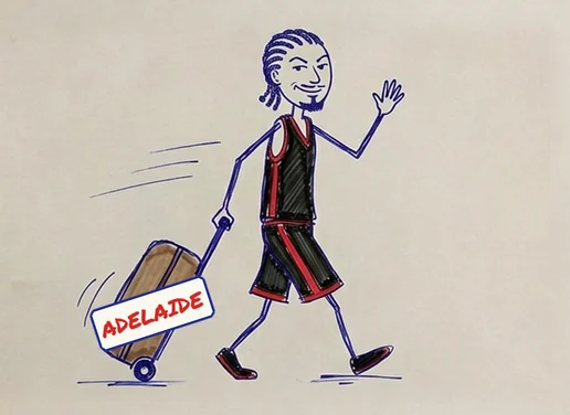 Bryce Cotton waving goodbye, pulling a suitcase tagged Adelaide