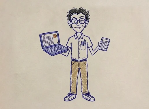 A skinny analytics nerd with glasses, a laptop spreadsheet and a calculator