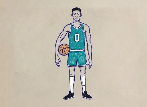 A tall basketball player in a teal singlet holding a ball