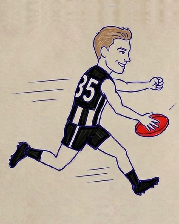 A notebook drawing of Nick Daicos, number 35, handballing on the run in Collingwood's black-and-white stripes
