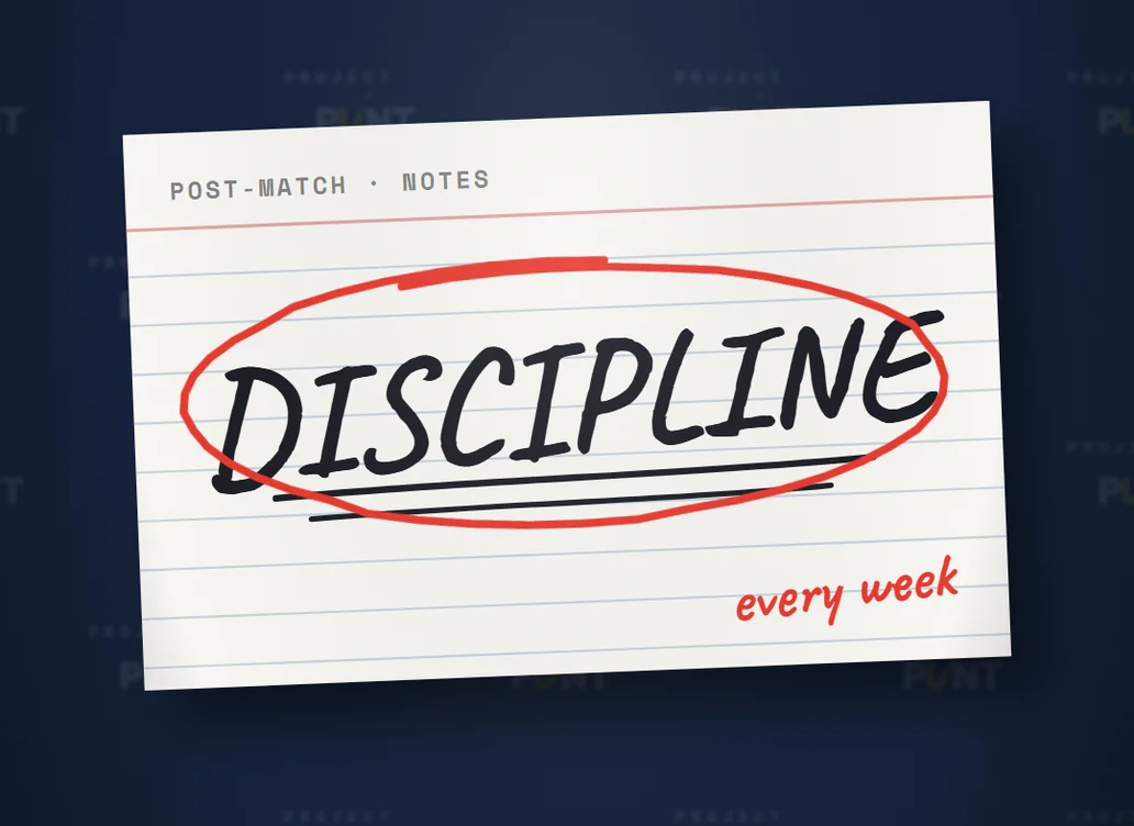 The coach's cue card reading DISCIPLINE, circled in red pen with the note every week