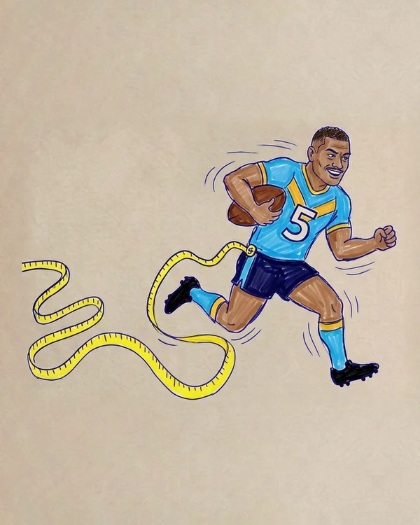 A notebook drawing of Phillip Sami charging with the ball in the Titans sky blue, number 5, a tape measure unspooling behind